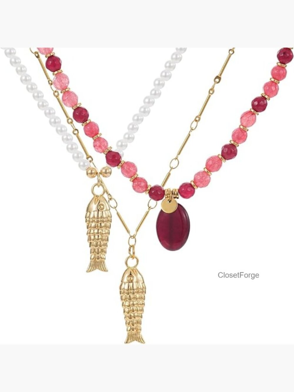 3pcs Fish Choker Necklace Set with Beaded Pearls Gold Plated Pendant